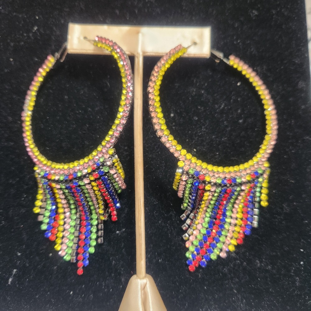 Multi Color Rhinestone Fringe Hoop Earrings Rainbow Crystal Tassel Statement - Picture 2 of 11